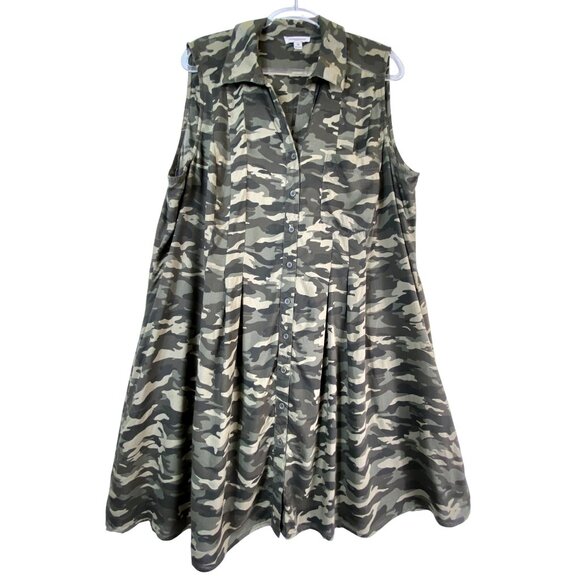Beach Lunch Lounge Camo Button Down Midi Dress Plus Size 2X Army Y2K Military - Picture 1 of 8